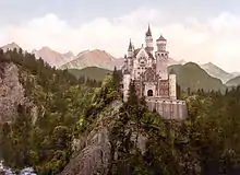 Litografie a castelului Neuschwanstein Castle din anii 1890