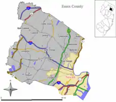 Map of Newark in Essex County. Inset: Location of Essex County highlighted in the State of New Jersey.
