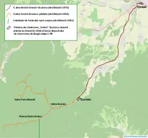 Hartă cu Calea ferată forestieră Onești–Scutaru