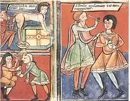 Intervenții chirurgicale: hemoroizi, polipi nazali, cataractă. După un manuscris al Școlii din Salerno, British Museum, Londra (sec. al XI-lea)