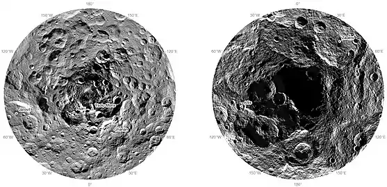 Ceres, regiuni polare (noiembrie 2015): Nord (stânga); sud (dreapta). Polul sud este umbrit. „Ysolo Mons” a fost redenumit de atunci în „Yamor Mons”.