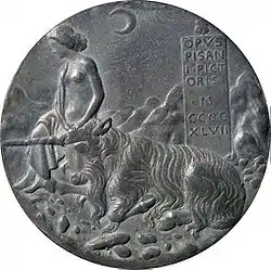 Medalia Ceciliei Gonzaga: Inocența și unicornul, în peisaj nocturn realizată de Pisanello, în anul 1447; OPVS PISAN I•PICT ORIS •M CCCC XLVII