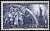 Timbru poștal polonez (1938): Kościuszko cu sabie (stânga), Thomas Paine și George Washington.