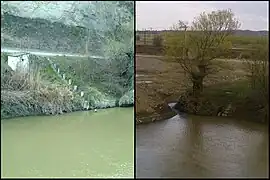 Pontoanele bacului aflat lângă podul de peste râul Olt în zona dealului Cioru.