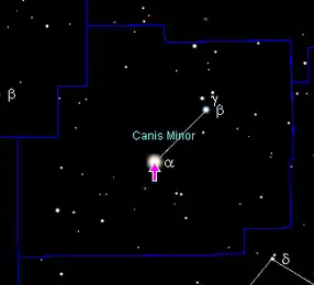 Poziția Procyon/α Canis Minoris în constelația Câinele Mic