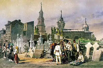 Turnul şi strada Bărăţiei în anul 1868.