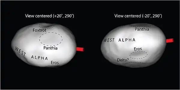 Forma asteroidului Psyche, cu indicarea unora dintre caracteristicile observate la suprafață.