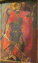 Icoană împărătească: Arhanghelul Mihail, călcând omul păcătos