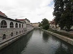 Râul Ljubljanica privit de pe Podul Măcelarilor în direcția Podului Triplu