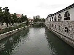 Râul Ljubljanica privit de pe Podul Măcelarilor în direcția Podului Dragonului