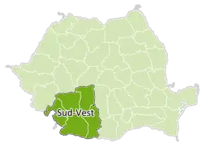 Hartă a regiunii de dezvoltare Sud-Vest