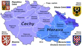 Harta Republicii Cehe indicând Moravia. Ținuturile cehe în comparație cu regiunile administrative actuale