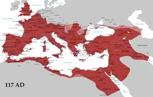 Harta Imperiului Roman la apogeu (117)