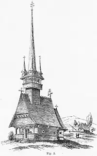 Biserica de lemn din satul Roșiori (astăzi dispărută), surprinsă de cercetătorul satmărean Franz Schulz în anul 1886