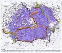 În violet, teritorii locuite de vorbitorii limbii române în 1856, hartă de Chopin și Ubicini.