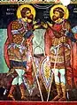 Teodor Tiron (în stânga) și Teodor Stratilat (în dreapta) - o frescă de la Mănăstirea Kremikovtsi, Bulgaria (secolul al XVI-lea?)