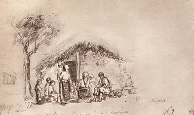 O familie bulgară în fața casei - (desen)