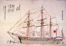 Colored drawing of a three-masted warship.