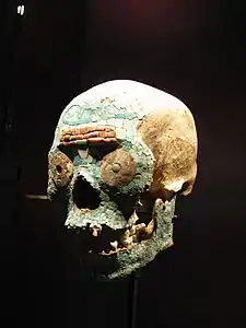 Craniu împodobit cu mozaicuri de turcoaz, scoici și perle. El datează din secolul al XV-lea și este expus în Muzeul Național de Etnologie din Țările de Jos