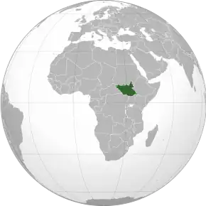 Amplasarea Sudanului de Sud (verde închis) în cadrul Africii