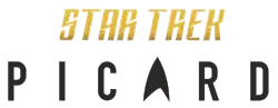 Over a white background the words Star Trek are written in yellow letters above the word Picard in black, with the A in Picard replaced by the Starfleet logo.