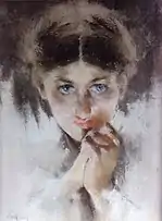 Cap de fată – pastel/hârtie groasă gri