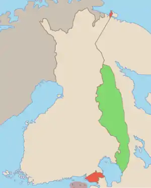 Anticipatele modificări teritoriale ale Republicii Populare. Verde indică zona care a fost planificat să fie cedată Republicii Democrate finlandeze și zona roșie indică teritoriile cedate de Finlanda Uniunii Sovietice.
