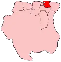 Harta districtului Commewijne în cadrul statului Surinam