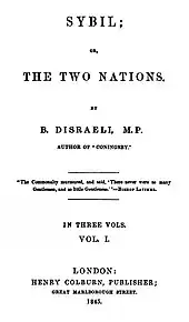 Coperta unei cărți, intitulată "Sybil; or, the Two Nations"