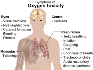 A diagraph showing a man torso and listing symptoms of oxygen toxicity: Eyes – visual field loss, near)sightedness, cataract formation, bleeding, fibrosis; Head – seizures; Muscles – twitching; Respiratory system – jerky breathing, irritation, coughing, pain, shortness of breath, tracheobronchitis, acute respiratory distress syndrome.