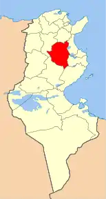 Harta guvernoratului Kairouan în cadrul Tunisiei