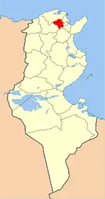 Harta guvernoratului Manouba în cadrul Tunisiei