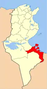 Harta guvernoratului Medenine în cadrul Tunisiei