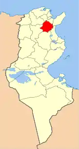 Harta guvernoratului Zaghouan în cadrul Tunisiei