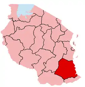 Harta regiunii Lindi în cadrul Tanzaniei