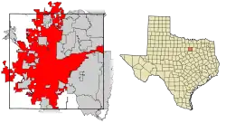 Plasarea localității Fort Worth în comitatul Tarrant, respectiv în statul Texas