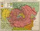 În roșu teritoriile locuite de vorbitorii limbii române în anii 1870, după geograful francez Élisée Reclus⁠(en)[traduceți] (adăugată frontiera din 1920).