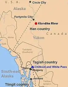 Map of people and places at the time of discovery of gold in the Yukon.