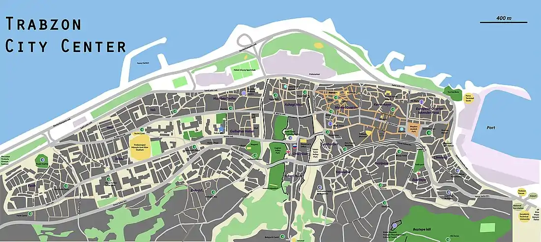 Map of Trabzon's city centre, showing its walls, main streets, sights and parks.
