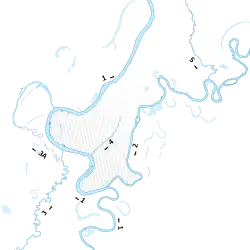 1&nbsp;— râul Belaia, 2&nbsp;— râul Ufa, 3&nbsp;— râul Dioma, 3А&nbsp;— vechiul curs al Diomei, 4&nbsp;— râul Sutoloka, 5&nbsp;— râul Șugurovka.