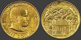 Imaginea lui Grant pe moneda de aur de un dolar, cu data emiterii, 1922