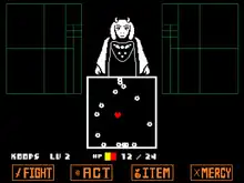 Luptă cu Toriel în Undertale. Toriel atacă jucătorul cu magia focului.