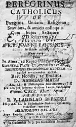 Copie digitală a copertei cărții din 1742, scrisă de Andreas Matis, intitulată „Peregrinus Catholicus de peregrina unitaria religione”, aflată în preznet în Muzeul Național al Unirii din Alba Iulia.