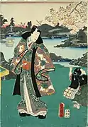 Utagawa Kunisada (1786 - 1864), Japonia. Genji, modern, admirând florile de cireș, 1859, Xilogravură color. hârtie