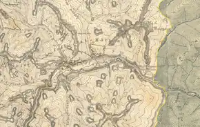 Valea Uzului pe Harta Iosefină a Transilvaniei (1869–1887), aproape de granița cu România