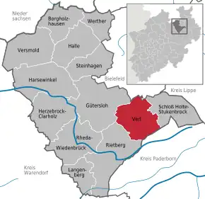 Poziția orașului Verl pe harta districtului Gütersloh