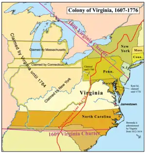 O hartă a coloniilor Virginia, New York, Maryland și Connecticut