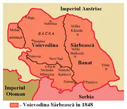 Bačka în interiorul granițelor proclamate ale Voievodatul Sârbesc în 1848