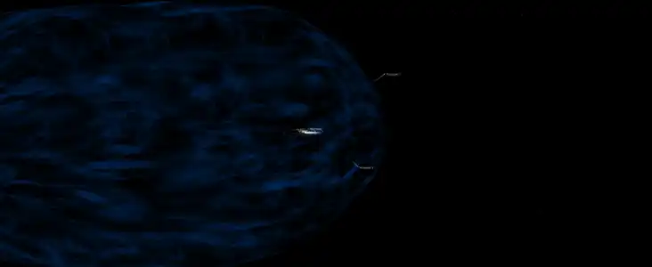 Simulare a sondelor Voyager în raport cu Sistemul Solar și heliopauza la 2 august 2018.