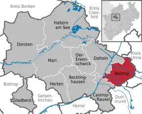 Poziția orașului Waltrop pe harta districtului Recklinghausen
